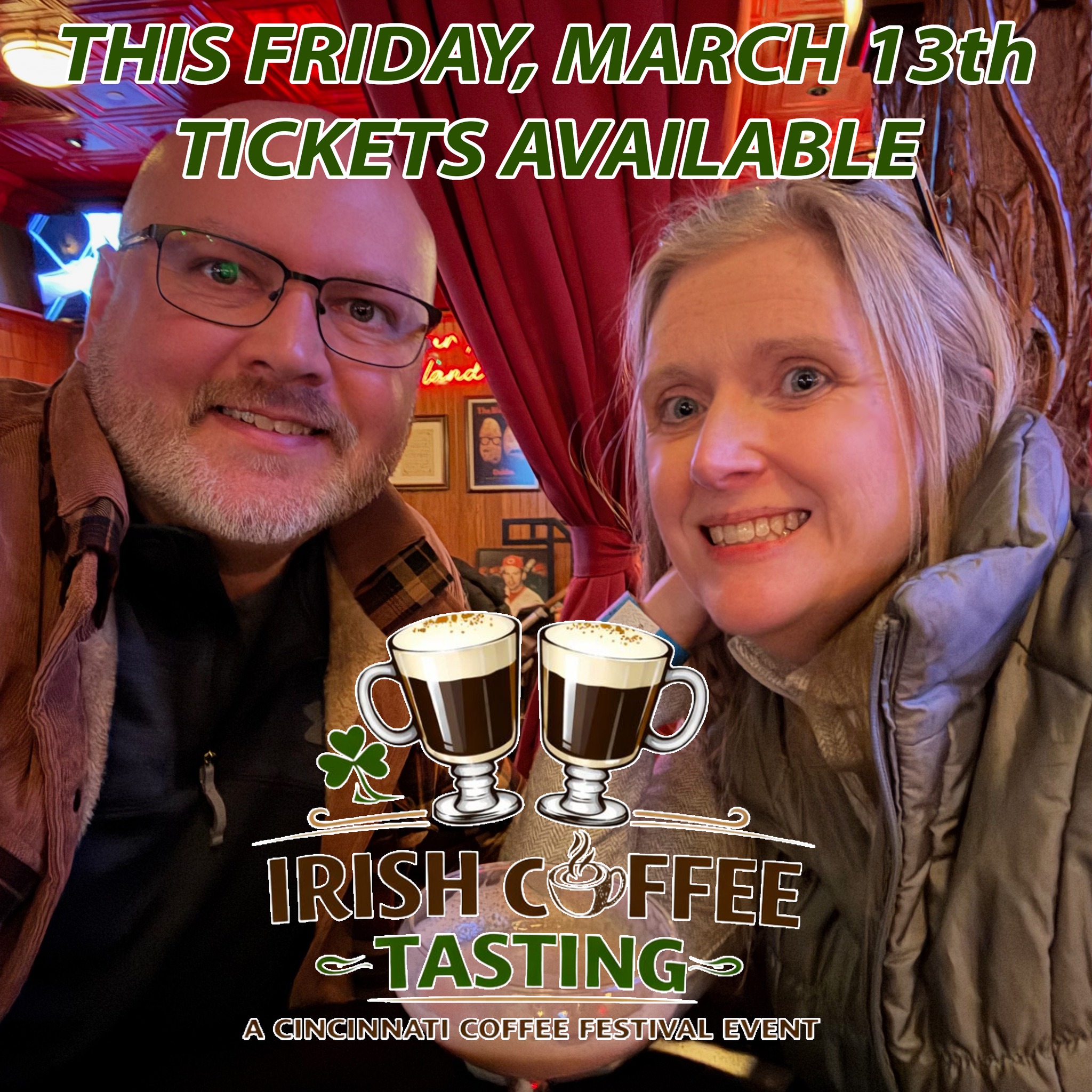 Join us at the Irish Coffee Tasting THIS FRIDAY, March 13th, along Freedom Way in Cincinnati, presented by the @cincinnaticoffeefestival - ticket still available at cincincinnaticoffeefestival.com